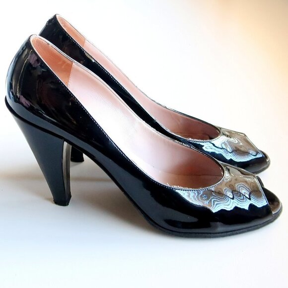 Marc Jacobs Black Patent Leather Peep Toe Heels / Pumps / Formal Dressy Shoes - Picture 3 of 16